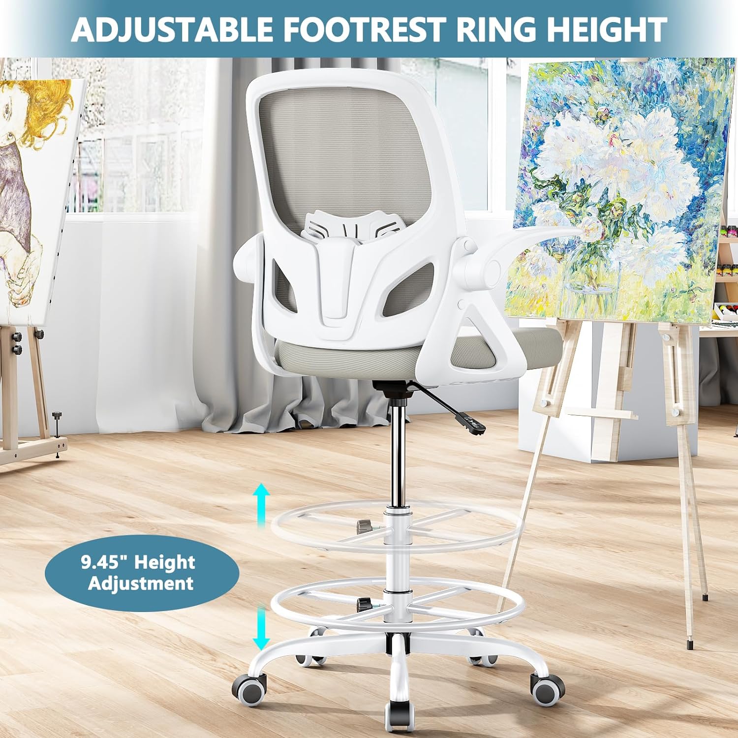 Tall Drafting Chair with Footrest Ring for Home and Work, Ergonomic Home Desk Office Chair with Flip up Arms and Lumbar Support, Extended Height Executive Desk Office Chair(Gray)