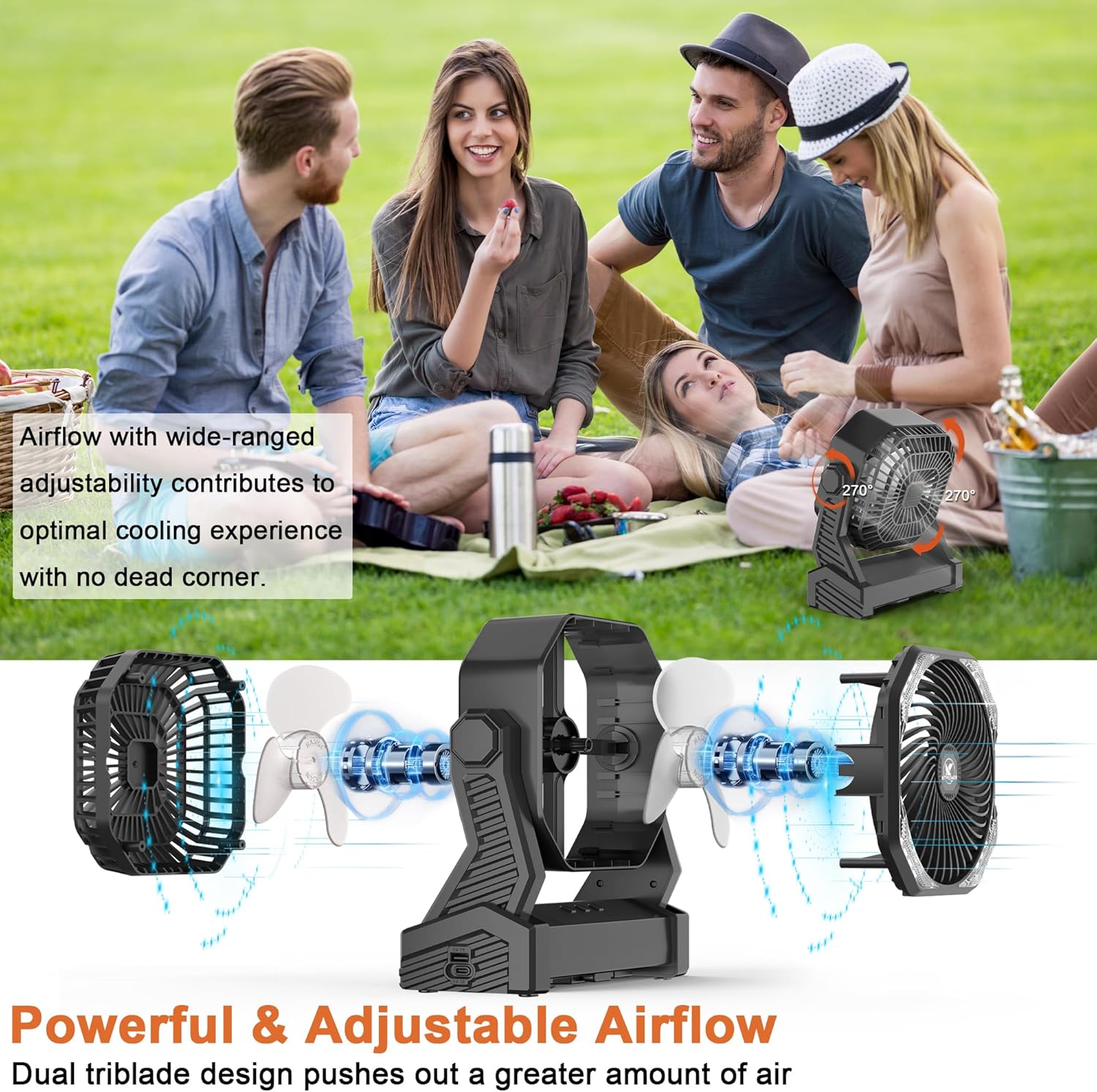 KITWLEMEN 20000mAh Battery Powered Camping Fan - 58H Max Cooling, Rechargeable Battery Operated Desk Fan with 4 Speeds, Bright Light & Hanging Hook, Portable for Tent Outdoor Hurricane Power Outage