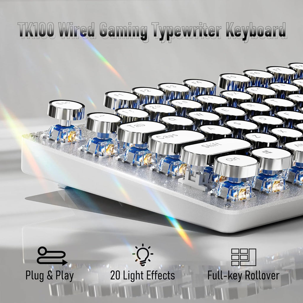 EWEADN TK100 Typewriter Style Wired Mechanical Keyboard, 104 Keys Aesthetic Typewriter Keyboard with White Backlit, Anti-Ghosting, Blue Switch Wired Cute Keyboards-White