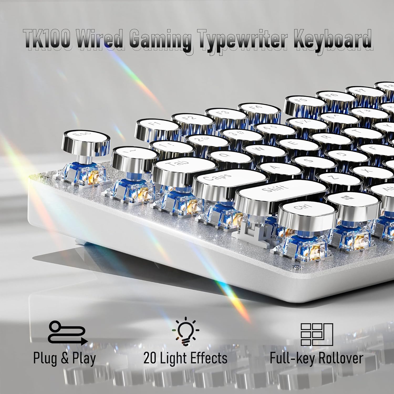 EWEADN TK100 Typewriter Style Wired Mechanical Keyboard, 104 Keys Aesthetic Typewriter Keyboard with White Backlit, Anti-Ghosting, Blue Switch Wired Cute Keyboards-White