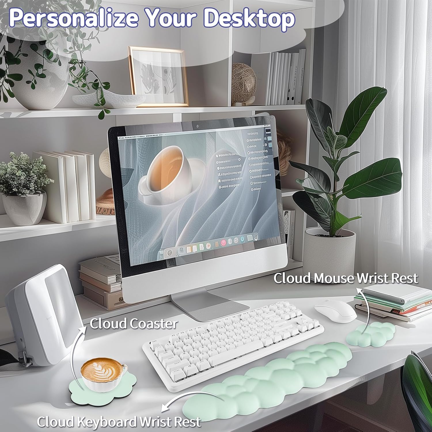 Cloud Wrist Rest Keyboard, Cloud Keyboard Wrist Pad Set with PU Leather Memory Foam, Cute Arm Rest for Palm Support, PC/Gaming Desk Accessories/Office Setup/Computer Hand Cushion - Light Green