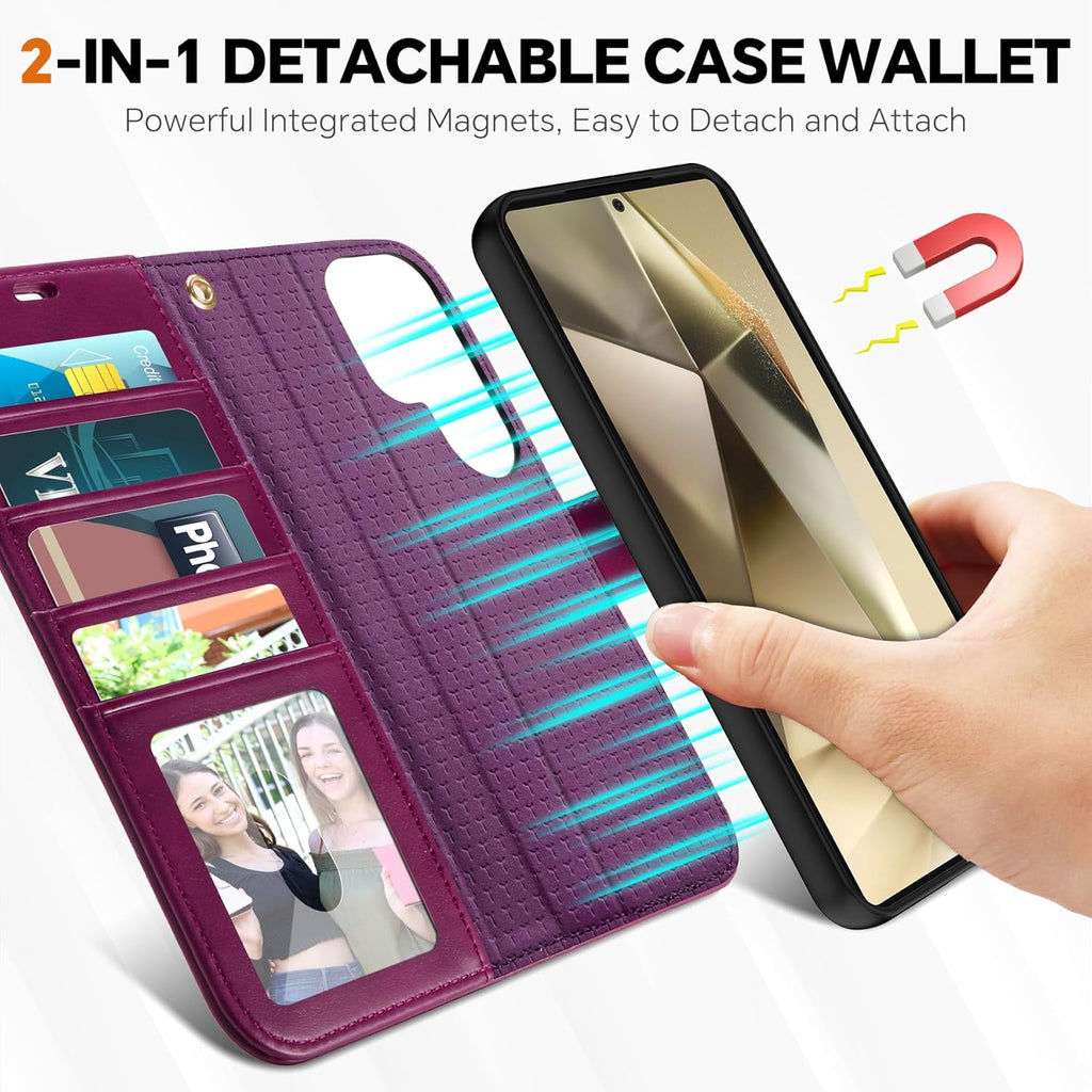 TUCCH Case Wallet for Galaxy S25 Ultra, [Detachable] 2 in 1 Magnetic PU Leather Wrist Strap RFID Blocking Wireless Charging 4 Card Slot Kickstand Removable Flip Cover for Galaxy S25 Ultra, Plum Purple