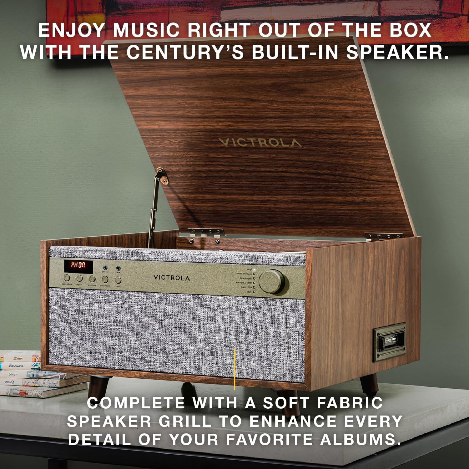 Victrola Century 6-in-1 Vinyl Record Player & Music Center – 3-Speed Turntable, CD & Cassette Player, VINYLSTREAM, Bluetooth & 3.5mm Aux, Record Player with Speakers, Mid Century Design (Black)