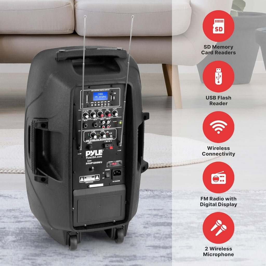 Pyle Wireless Portable PA Speaker, 1000W Bluetooth Loudspeaker, 12” Subwoofer, Dual High-Powered PA System, 2-Way Full Range Audio, Includes Wireless Mic, USB/SD Input, for Outdoor and Event Use