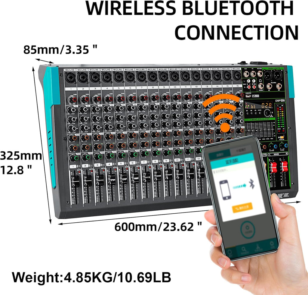 Depusheng PA16 Professional Audio Mixer Sound Board Console Desk System Interface 16 Channel Digital USB Bluetooth MP3 Computer Input 48V Phantom Power Built-in 256 Reverb Effect, Black