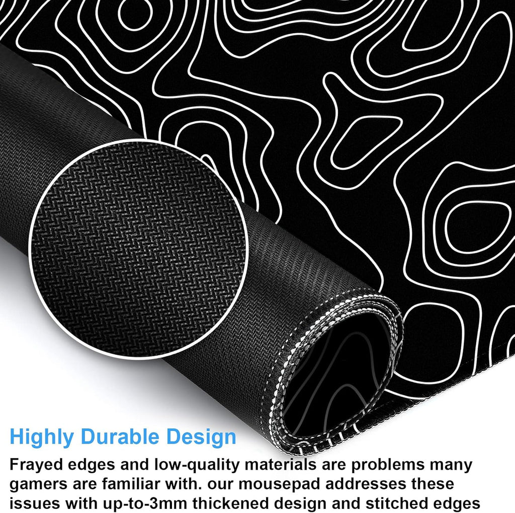 Black and White Topographic Map Gaming Mouse Pad - XXL Extended Desk Mat for Keyboard & Mouse (31.5" x 15.7") with Non-Slip Base & Stitched Edges - Washable Surface for Computer or Gaming Desk