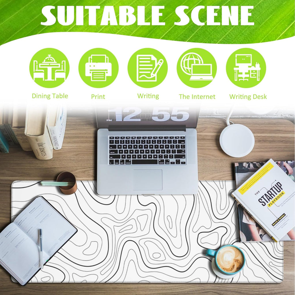 Desk Mat,White Topographic Contour Map Desk Pad,Topographic Contour Large Gaming Mouse Pad for Desk,Extended Big Computer Keyboard Mouse Pad with Non-Slip Base and Stitched Edge,31.5"x11.8"