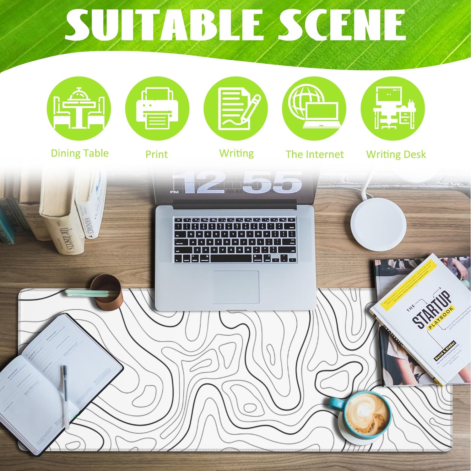 Desk Mat,White Topographic Contour Map Desk Pad,Topographic Contour Large Gaming Mouse Pad for Desk,Extended Big Computer Keyboard Mouse Pad with Non-Slip Base and Stitched Edge,31.5"x11.8"