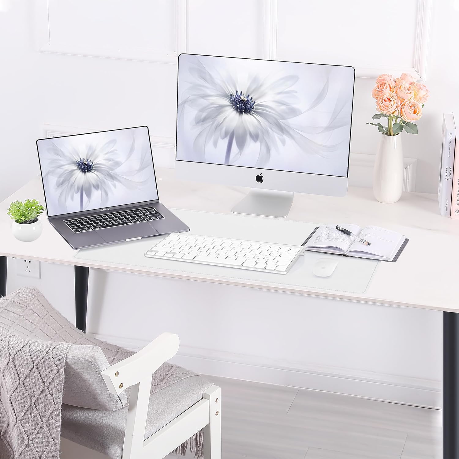 AFIING Dual-Sided Desk Pad, Natural Cork & PU Leather Mouse pad for Office and Home Work, Desk Protector Non-Slip, Waterproof, Easy Clean (Ivory White, 23.6" x 13.7")