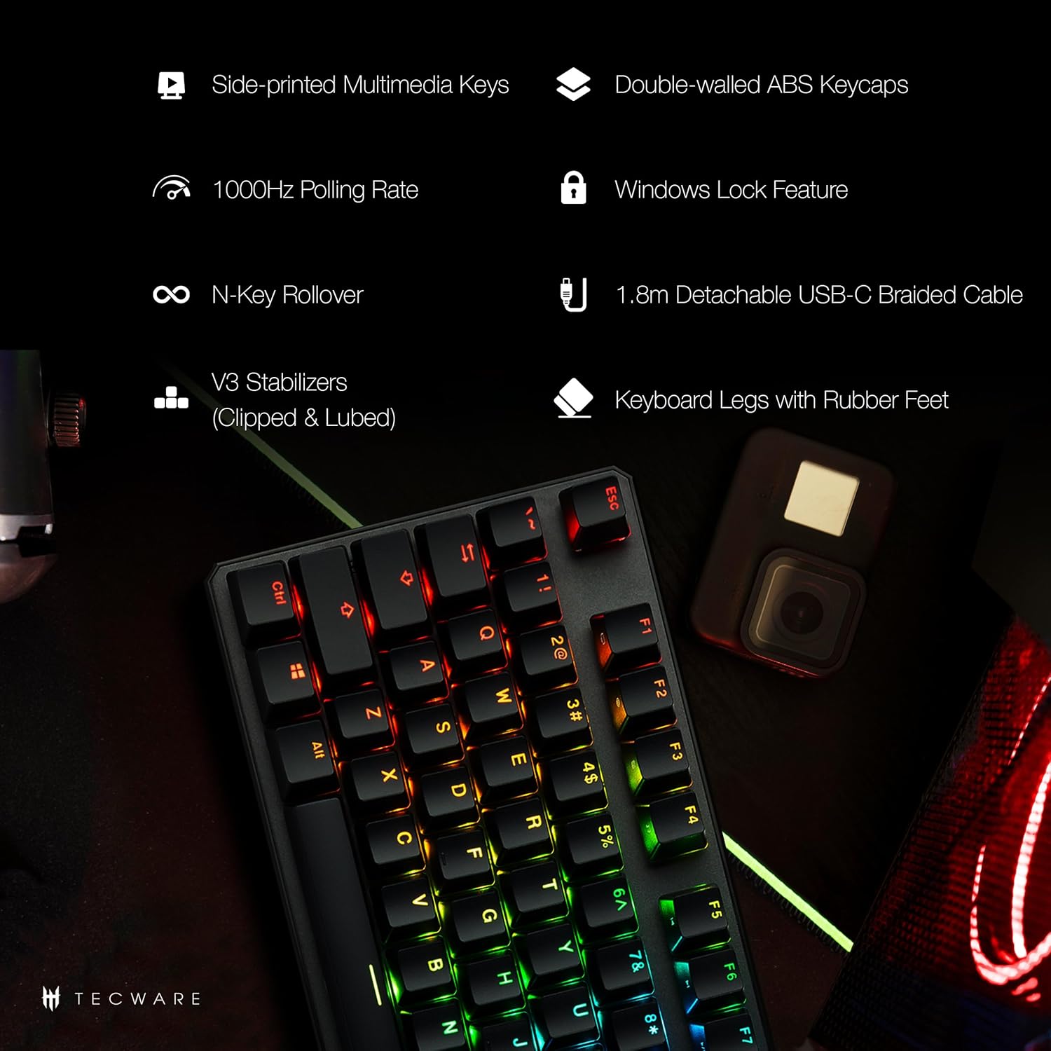 TECWARE Phantom+ 87 Key Mechanical Gaming Keyboard, RGB led, TKL 75% Keyboard, Thocky Sounding, Wraith Red Switch
