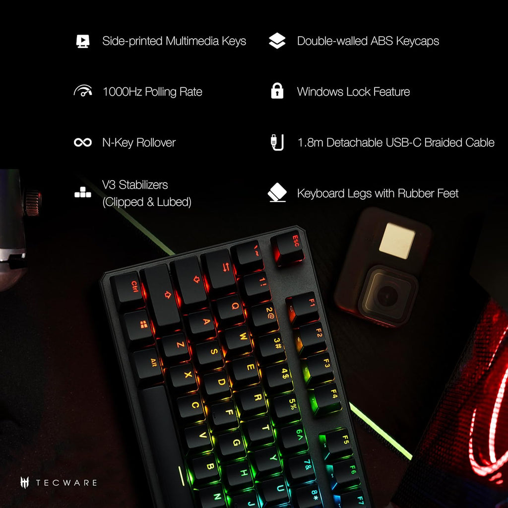 TECWARE Phantom+ 87 Key Mechanical Gaming Keyboard, RGB led, TKL 75% Keyboard, Thocky Sounding, Wraith Brown Switch