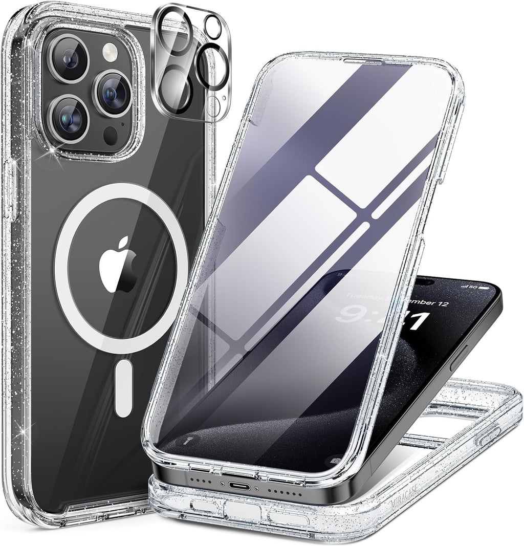 Miracase Magnetic for iPhone 15 Pro Case [Compatible with MagSafe] Full-Body Phone case with Built-in Glass Screen Protector& Camera Protector, Military Drop Proof 15 Pro Cover, Magnetic Clear Glitter