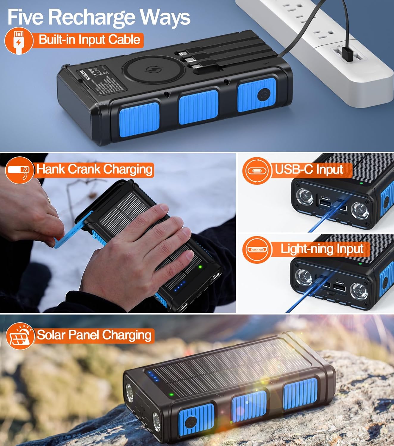 GOODaaa Power Bank Wireless Charger 45800mAh Built in Hand Crank and 4 Cables 15W Fast Charging Power Bank 7 Outputs & 4 Inputs Solar Portable Charger, SOS/Strobe/Strong Flashlights, Compass