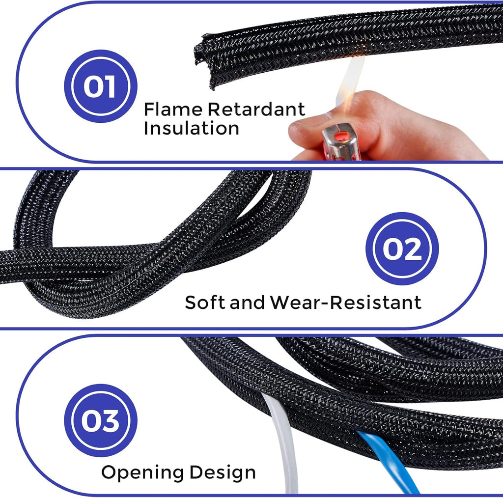 Cable Management Sleeves 1in - 2 Pack 6.6ft Split Braided Sleeve Black, Protectors From Pets, Wire Organizers, Flexible Wrap for Computer Cord Management
