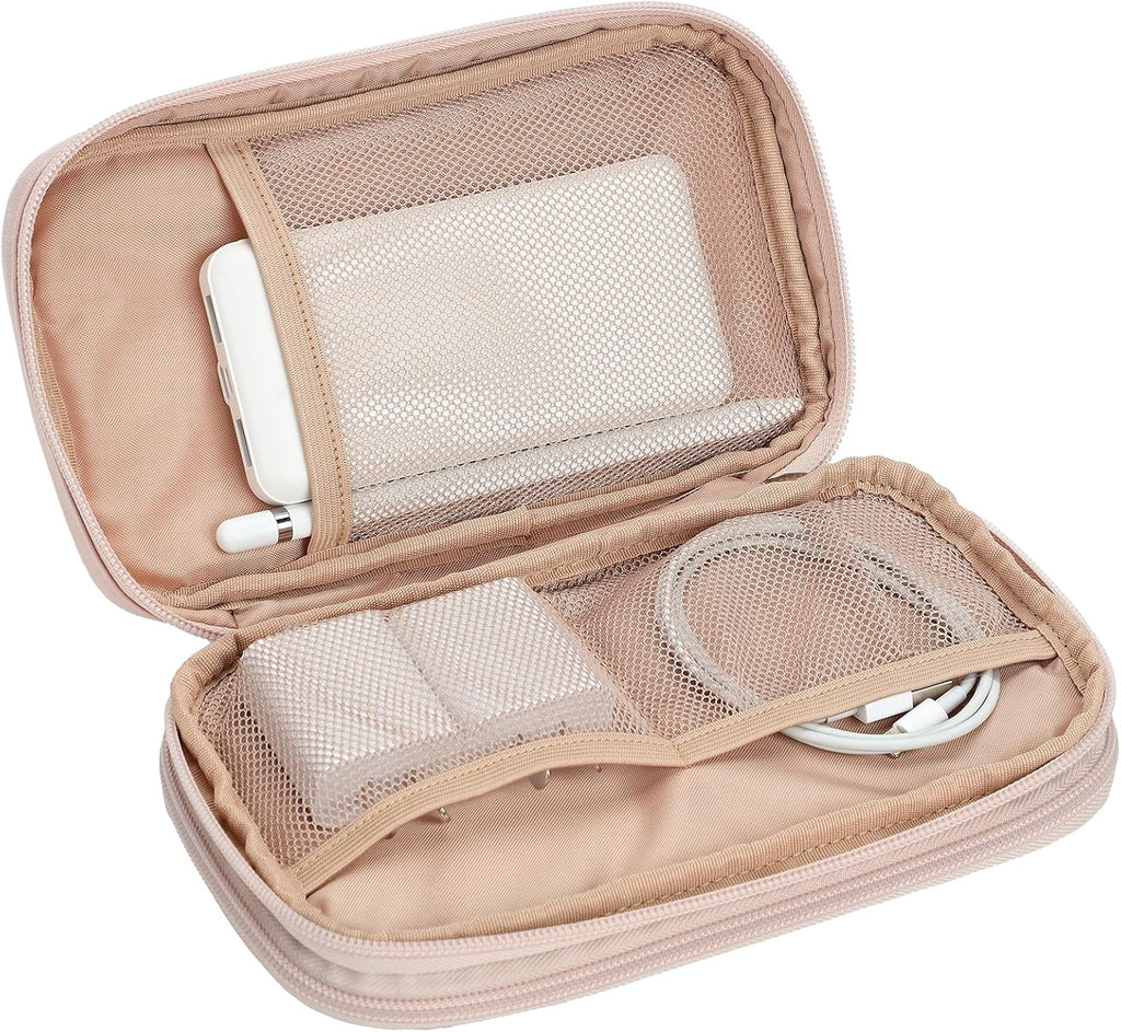 NISHEL Travel Cord Organizer Case, Double Layers Tech Electronic Bag, Essentials for Charger, Cable, Phone, Flash drive, Pink