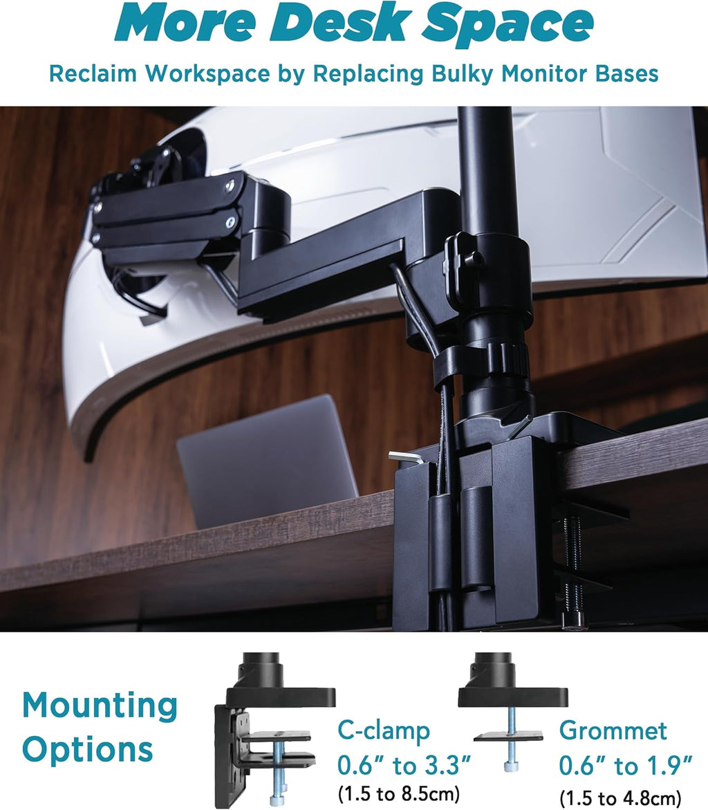 Heavy Duty Monitor Arm for Ultrawide Monitors up to 57" and 44 lbs, Single Desk Stand, Pneumatic Height Adjustable, Modular Extension Arms - Max VESA 100x100, Black, MA20P-S