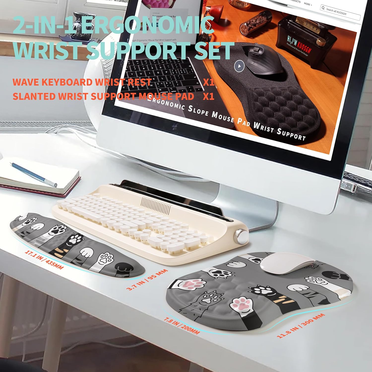 2-in-1 Ergonomic Set, Wave Rise Keyboard Wrist Rest and Massage Bulge Slope Mouse Pad Wrist Support, Cushion Memory Foam Integrated to Relieve Wrist Pain, Cute Cat Paws