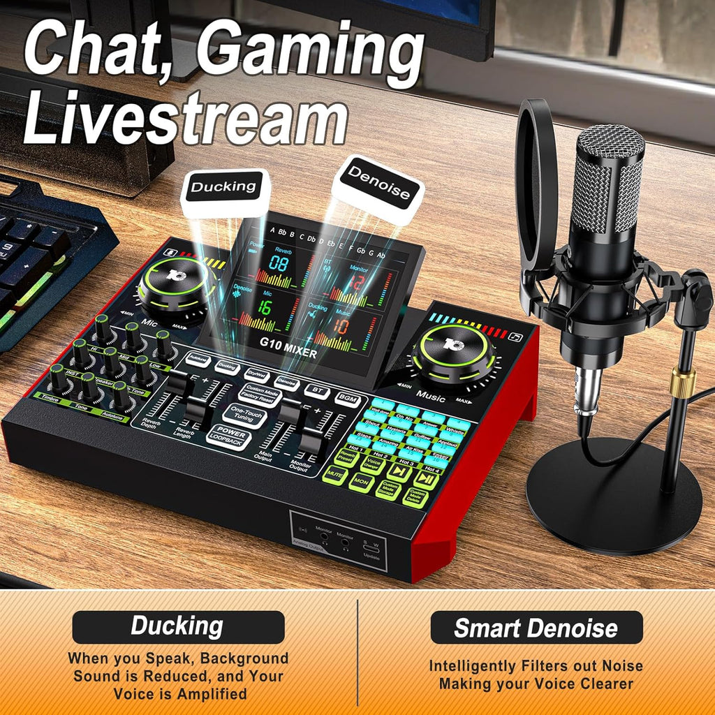 Podcast Microphone Bundle with Live Sound Card Audio Mixer, 3.5mm Condenser Microphone for PC/Phone Streaming and Singing, Podcast Equipment Bundle with Voice Changer sound board