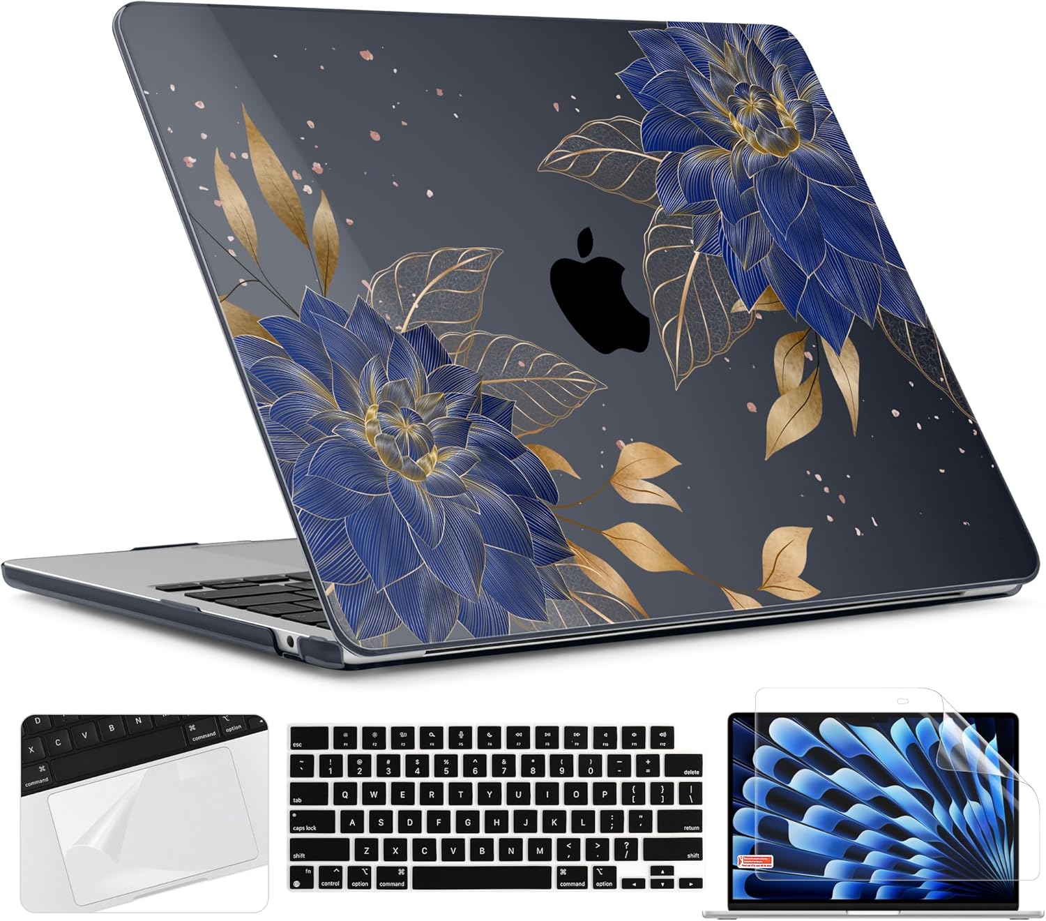 TWOLSKOO for M4 MacBook Air 13.6 inch Case 2025-2022 Release M4 A3240 M3 A3113 M2 A2681, Plastic Hard Shell & Screen Protector & Keyboard Cover & Trackpad Film, Dahlia Flowers