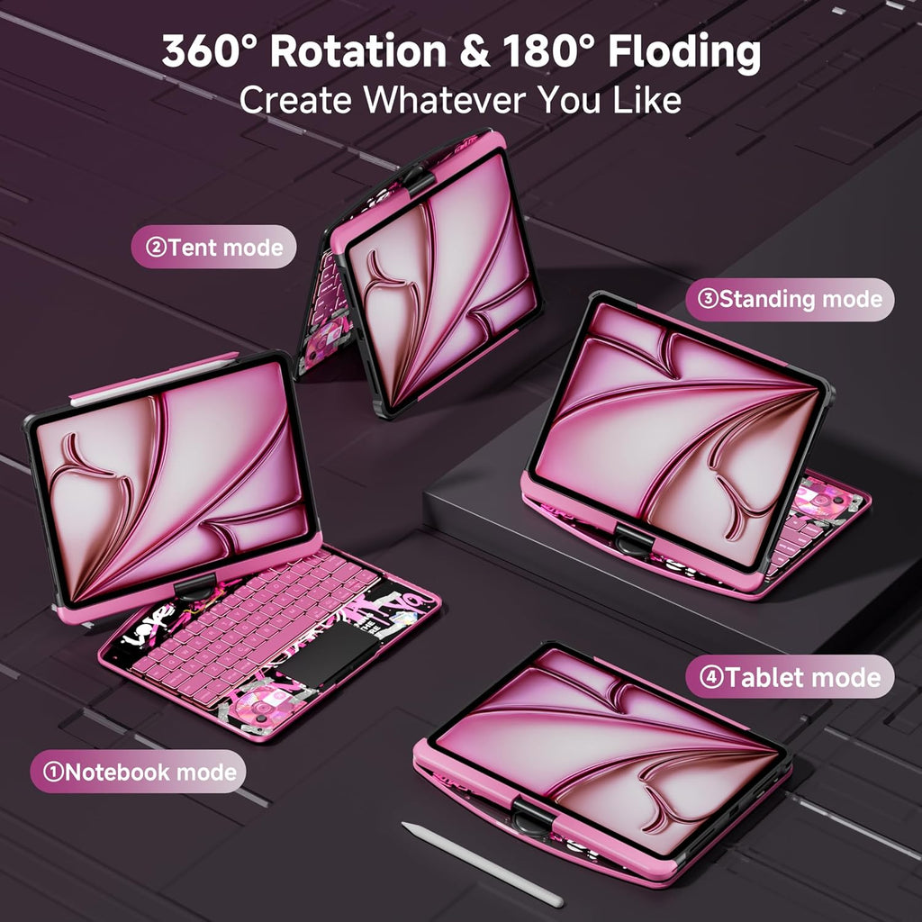 iPad Keyboard Case for 2024 M4 iPad Pro 13 inch, Magic Wireless Keyboard with Trackpad 7 Color Backlit, 360° Rotating Stand Transparent Protective Cover with Pencil Holder (Pink)