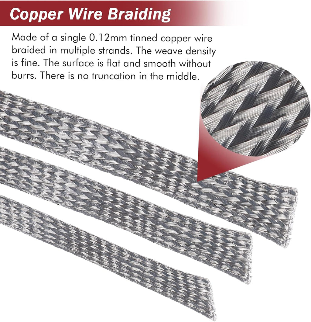Tinned Copper Metal Braid Sleeving Wire Shielding Sleeve Braided Copper Ground Straps EMI/RFI Interference Expandable Flat Mesh Shielding Cable for Protect Wire (1/2inch-13ft)