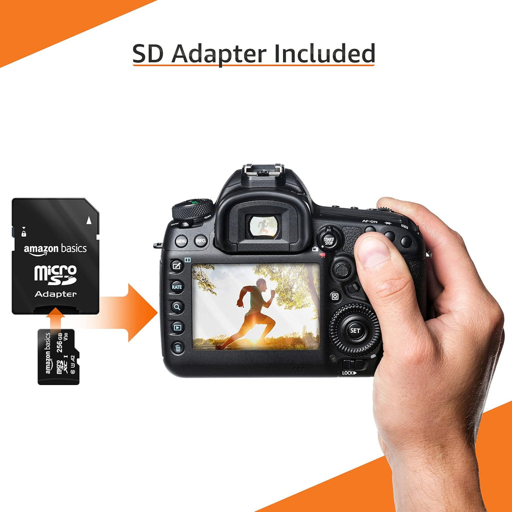 Amazon Basics Micro SDXC Memory Card with Full Size Adapter, A2, U3, Read Speed up to 100 MB/s, 256 GB, Black