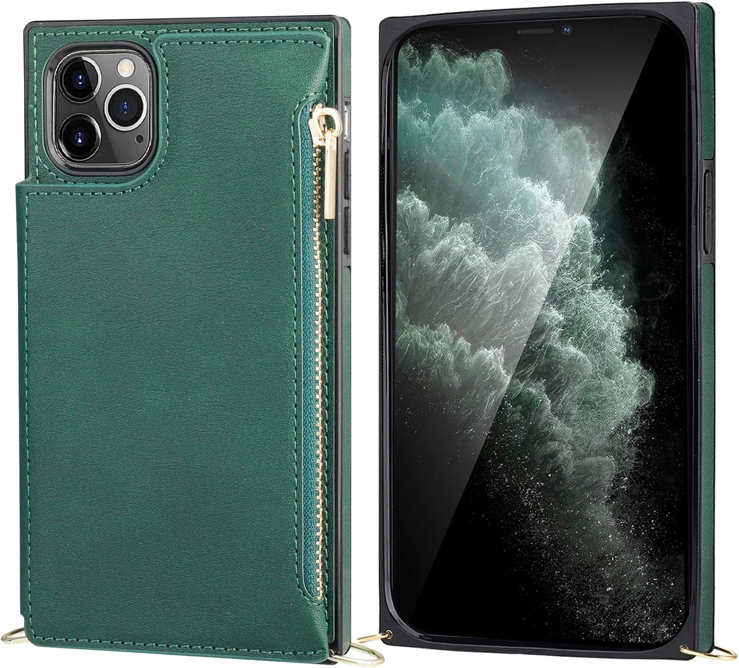 Bocasal Crossbody Wallet Case for iPhone 11 Pro with Card Holder,Zipper Card Slot Protector Shockproof Purse Cover with Removable Cross Body Strap 5.8 Inch(Green)