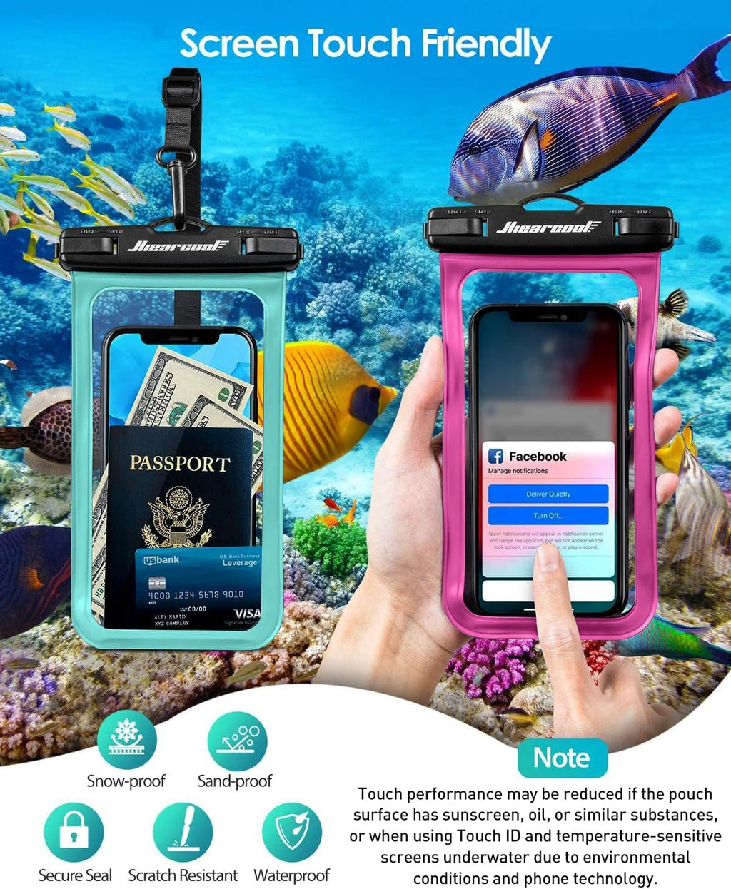 Hiearcool Waterproof Phone Pouch,Waterproof Phone Case for iPhone 16 15 14 13 Pro Max,IPX8 Phone Waterproof Pouch for Beach Cruise Ship Travel Essentials Green&Bright Red-2Pack