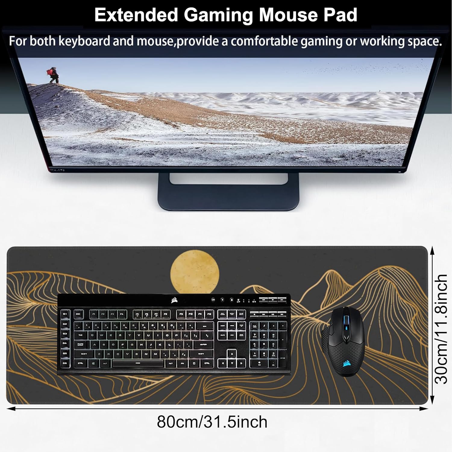 Abstract Golden Mountain Desk Mat,Large Gold Line Art Gaming Keyboard Mouse Pad,Non-Slip Rubber Base Desk Pad Thick Stitched Edges Waterproof Mousepad Mouse Mat 31.5"x11.8"