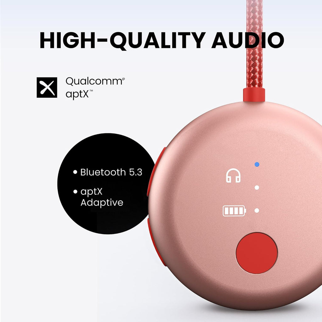Avantree SoundJet R1 – Airplane Bluetooth Adapter for Headphones & AirPods, aptX Adaptive, Qualcomm Chipset, 20H Battery, Wireless Audio Transmitter for in-Flight Travel Essentials - Pink