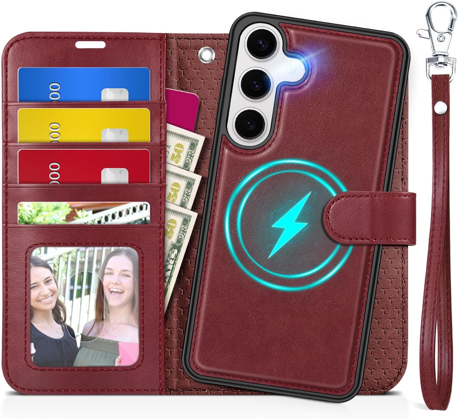 TUCCH Case Wallet for Galaxy S25 Plus, Detachable Wrist Strap [Wireless Charging] RFID Blocking 4 Card Holder, Removable Stand PU Leather Flip Shockproof Phone Cover for Galaxy S25 Plus 6.7", Dark Red