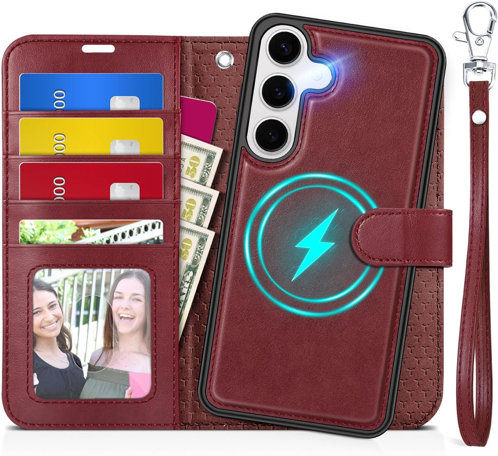 TUCCH Case for Galaxy S25, Detachable Wallet Case with Wrist Strap [Wireless Charging] RFID Blocking 4 Card Holder, Removable Stand PU Leather Flip Shockproof Phone Cover for Galaxy S25 6.2", Dark Red