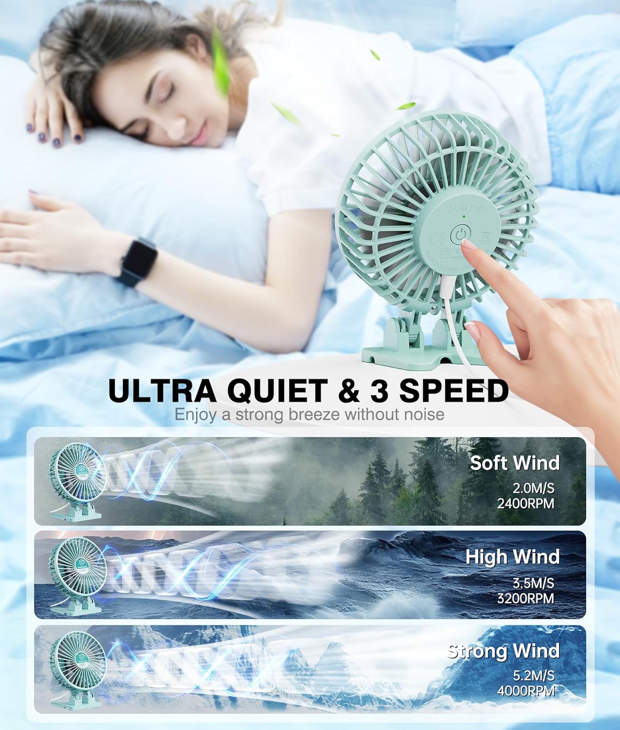JZCreater USB Desk Fan, Mini Fan Portable, 3 Speeds Desktop Table Cooling Fan, Plug in Power Fan, Rotation Strong Wind, Quiet Personal Small Fan for Home Desktop Office Travel Bedroom, Apple Green
