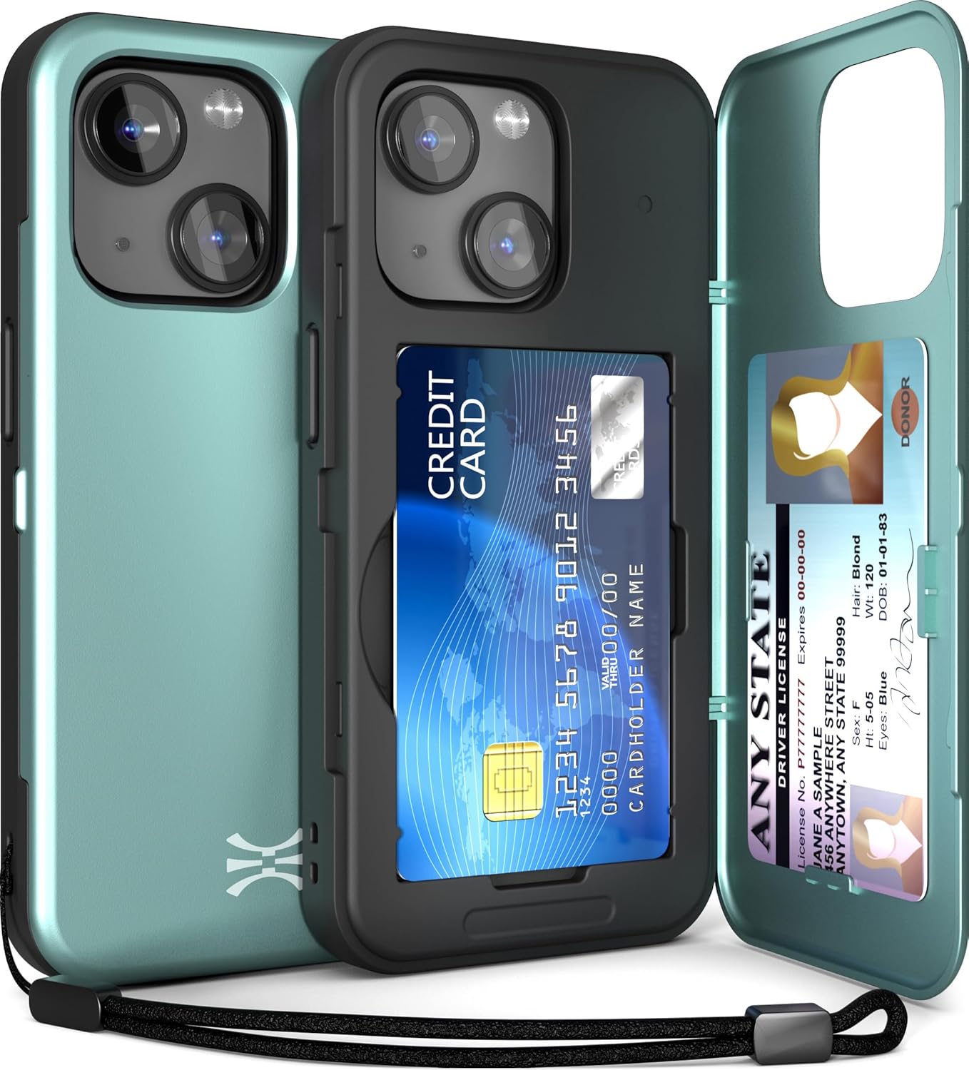 TORU CX Slim for iPhone 15 Case Wallet | Protective Shockproof Heavy Duty Cover with Hidden Card Holder & Card Slot | Mirror & Wrist Strap Included - Green