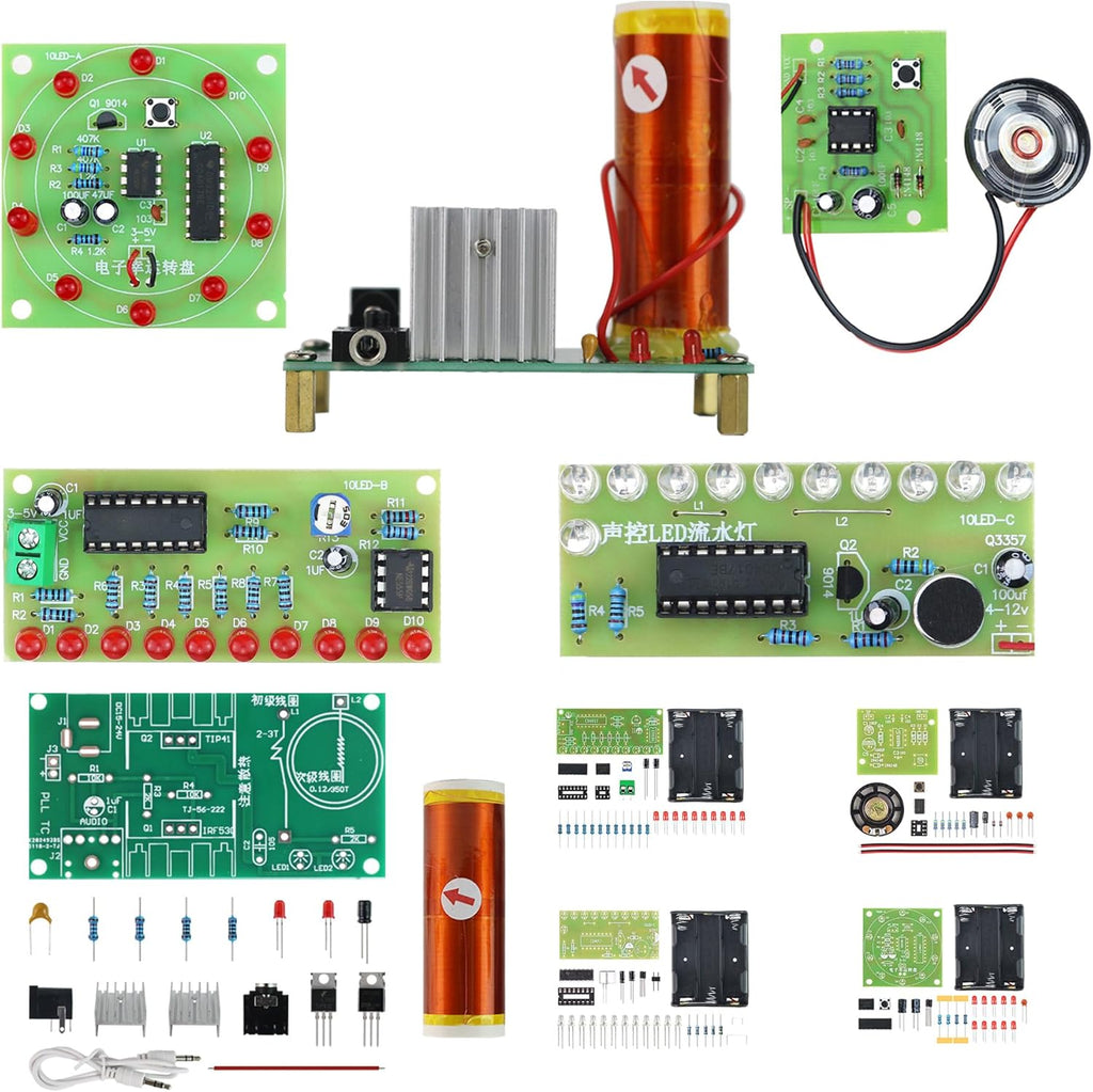 5in1 Soldering Practice Kit Mini Musical Tesla Coil, Plug-in Flowing Light,Doorbell, Sound-Activated Flowing Light, and Lucky Roulette Wheel Soldering Projects Soldering Practice for Teens