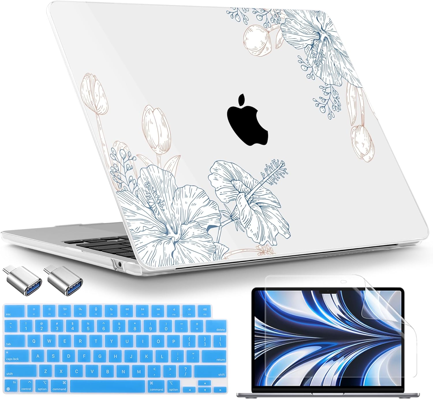 TWOLSKOO Compatible with M4 MacBook Air 13.6 inch Case 2025-2022 Release M4 A3240 M3 A3113 M2 A2681, Plastic Hard Shell & Keyboard Cover & Type C Adapter & Screen Protector, Engraved Sketch2