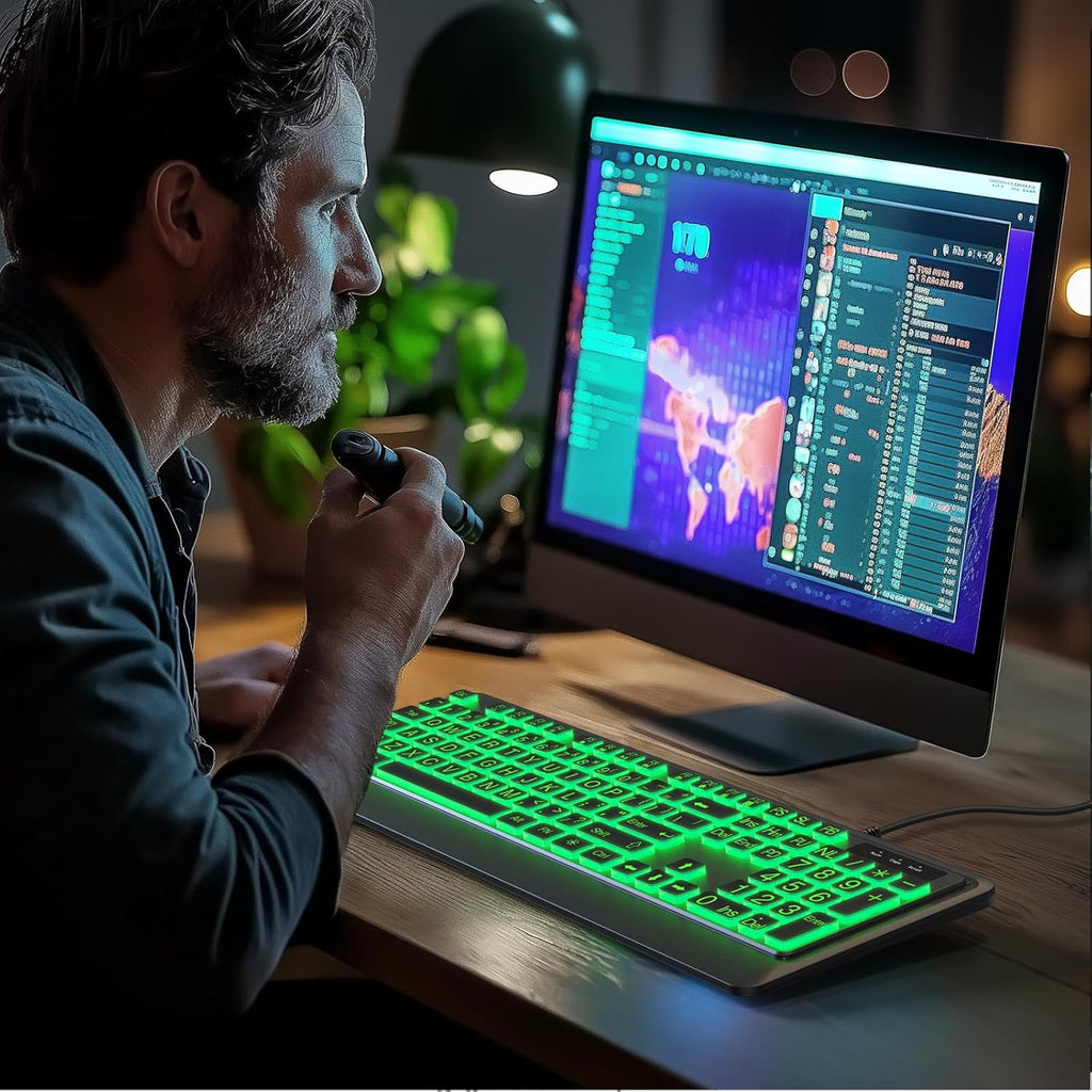 Large Print Keyboard - 7 Interchangeable Backlight Colors, Light Up USB Wired Computer Keyboards, USB Plug-and-Play, Foldable Stands, Corded Full Size Keyboard for Windows, PC, Laptop