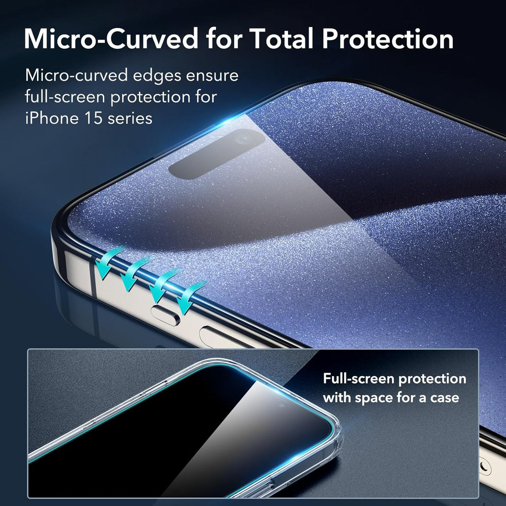 ESR 3+1 Pack for iPhone 15 Pro Screen Protector, [9H Hardness] [Military Grade Shatterproof] Full Coverage Ultra-tough Tempered Glass Film with Easy Installation Frame, 1 Set of Camera Lens Protector