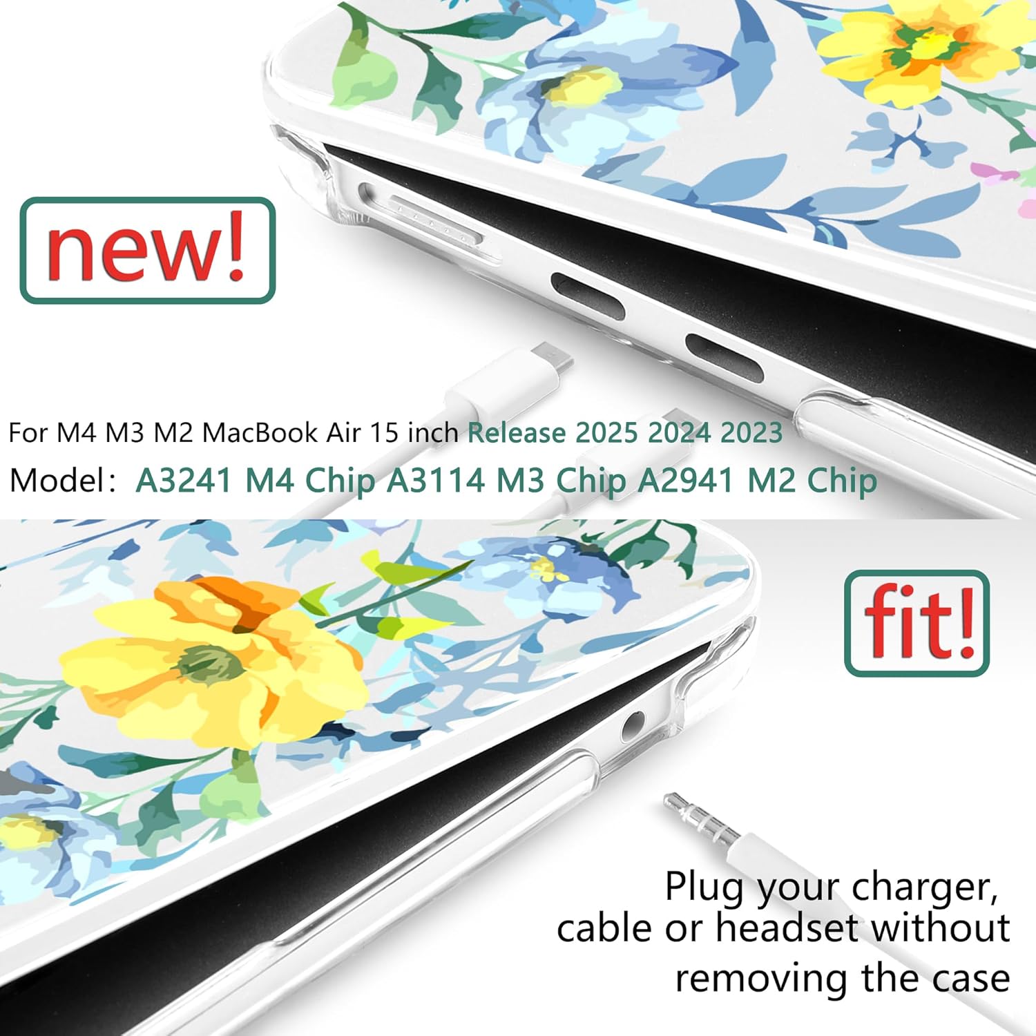TWOLSKOO Compatible with M4 MacBook Air 15 inch Case 2025-2023 Released Model M4 A3241 M3 A3114 M2 A2941, Plastic Hard Shell & Screen Protector & Keyboard Cover & Type C Adapter, Blue Flowers