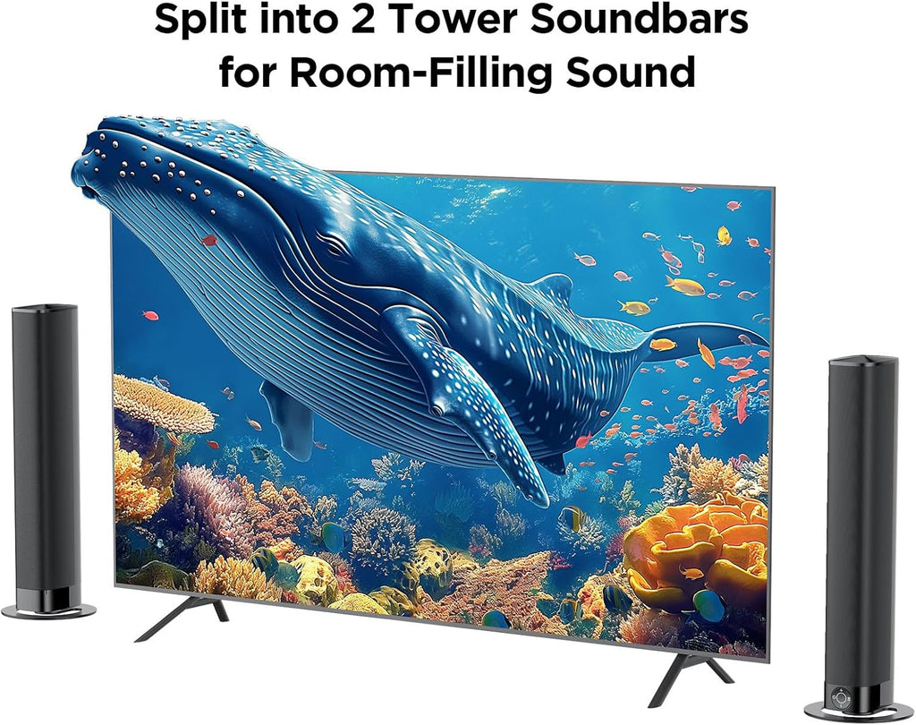 Sound Bar for Smart TV, Soundbar with Bluetooth/ARC/Opt/AUX Connect, Auto Volume Boost, 3 Equalizer Modes, 2 in 1 Detachable Soundbar for TV/PC/Gaming/Projectors