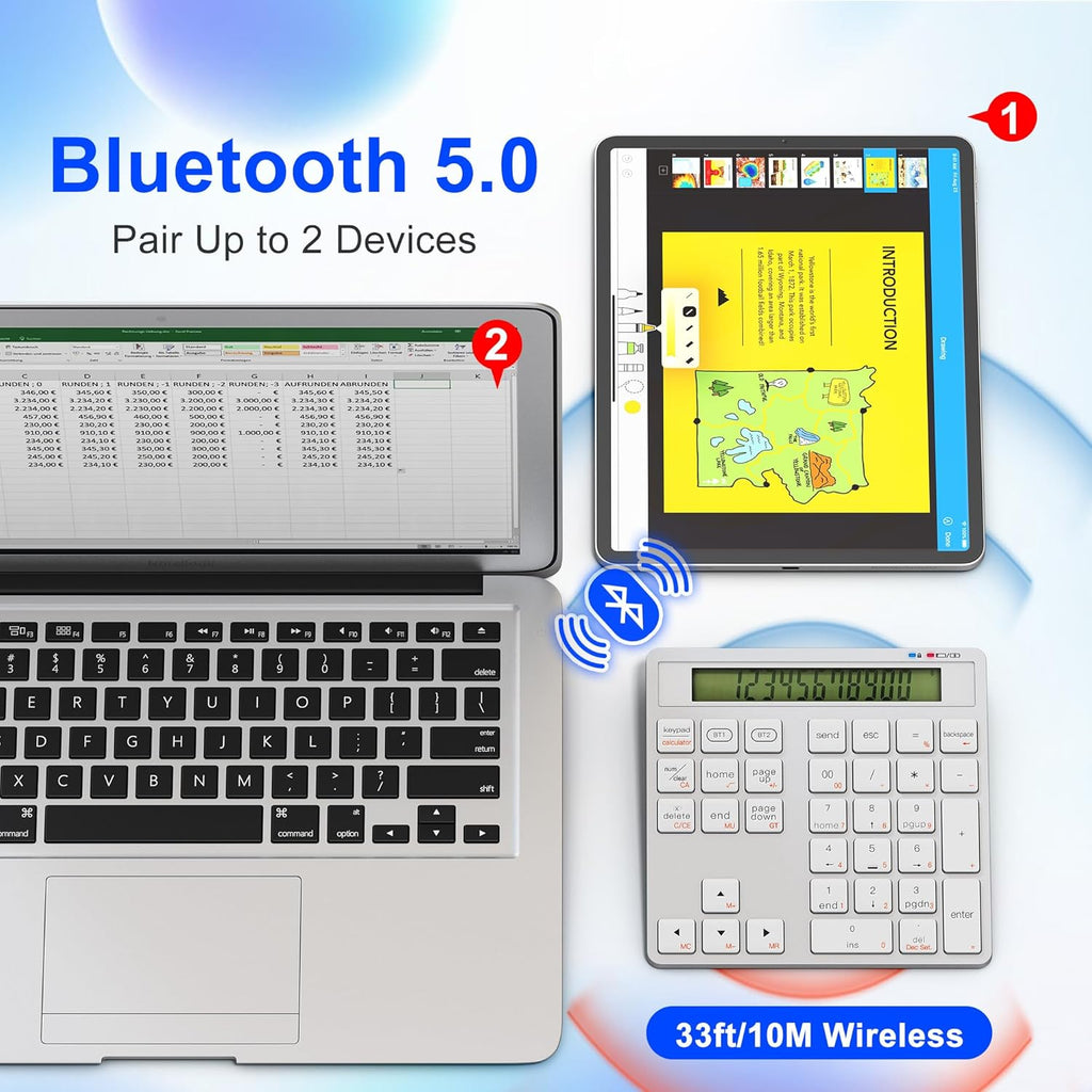 2-in-1 Wireless Number Pad & Calculator, Bluetooth 5.0 Numeric Keypad with USB-C Charging, 34-Key Portable Number Pad for Laptop, MacBook, PC, Windows, iOS & Android Devices