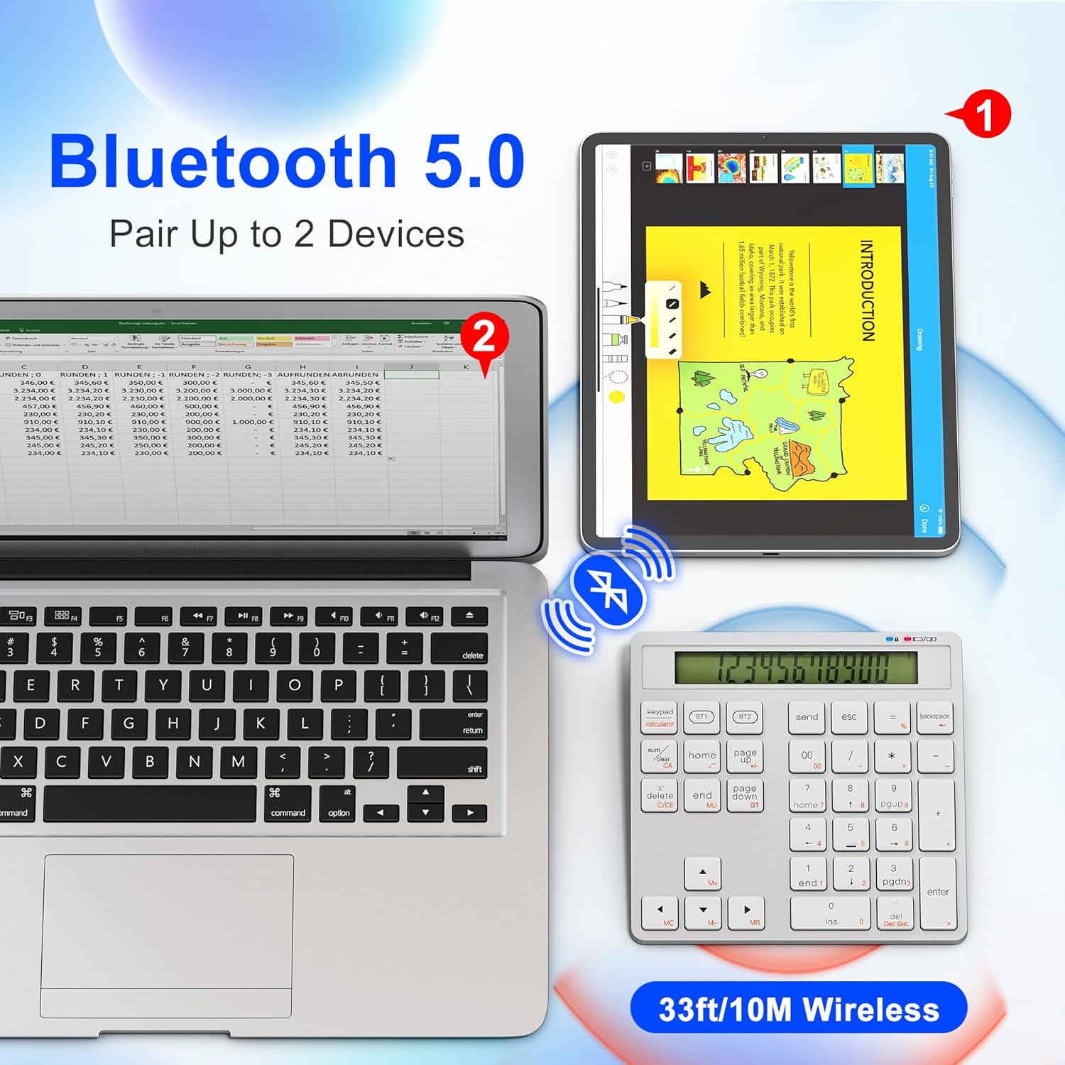 2-in-1 Wireless Number Pad & Calculator, Bluetooth 5.0 Numeric Keypad with USB-C Charging, 34-Key Portable Number Pad for Laptop, MacBook, PC, Windows, iOS & Android Devices
