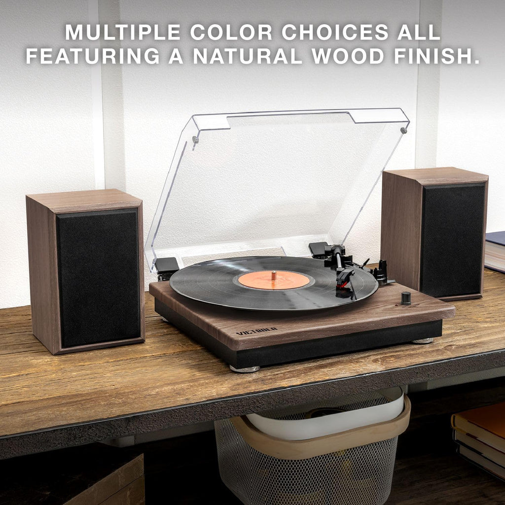 Victrola Montauk Vinyl Record Player, 3-Speed Belt Driven Turntable with Stereo Bluetooth Speaker Pair, RCA Output and 3.5mm Headphone Jack, Removable Dust Cover, Farmhouse Walnut Finish
