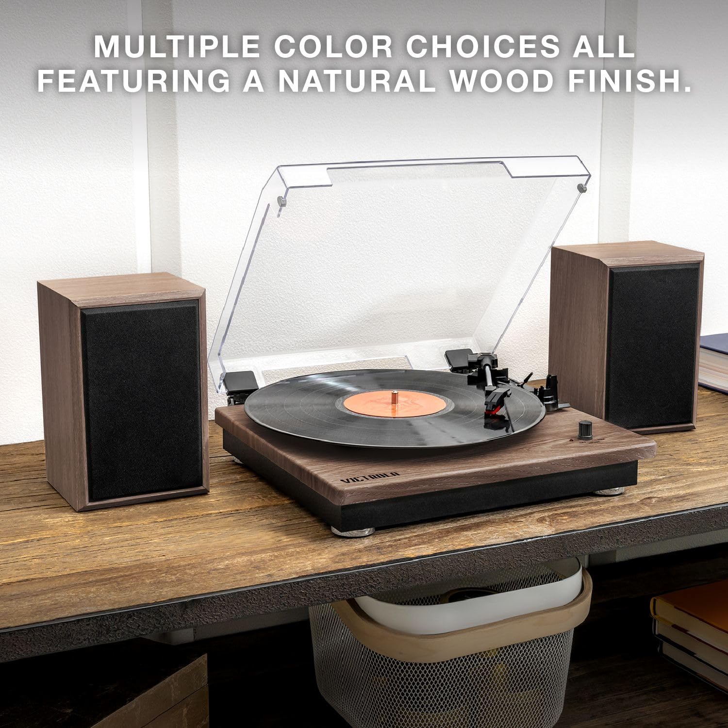 Victrola Montauk Vinyl Record Player, 3-Speed Belt Driven Turntable with Stereo Bluetooth Speaker Pair, RCA Output and 3.5mm Headphone Jack, Removable Dust Cover, Farmhouse Walnut Finish