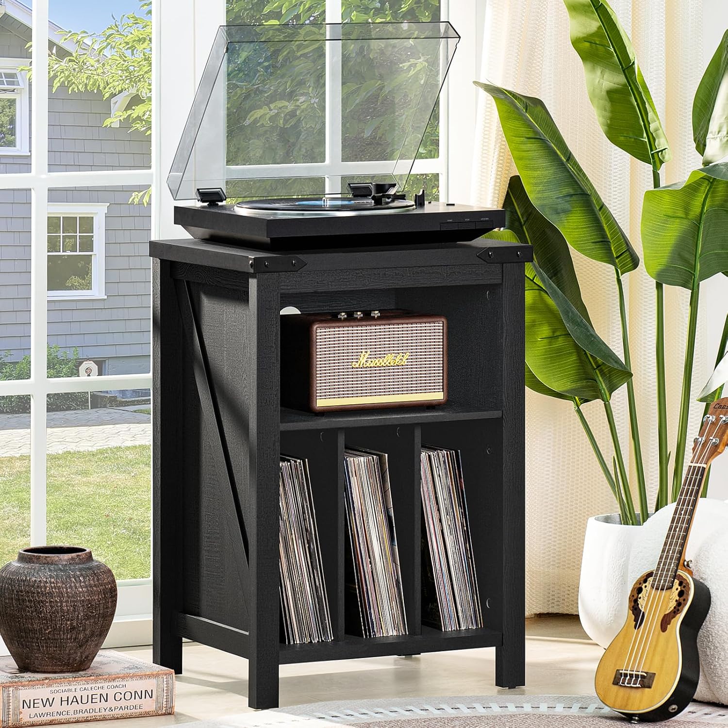 Record Player Stand with Vinyl Record Storage,Black Record Player Table Holds up to 160 Albums,Large Wood Turntable Stand Cabinet Dispaly Shelf for Living Room,Bedroom,Office