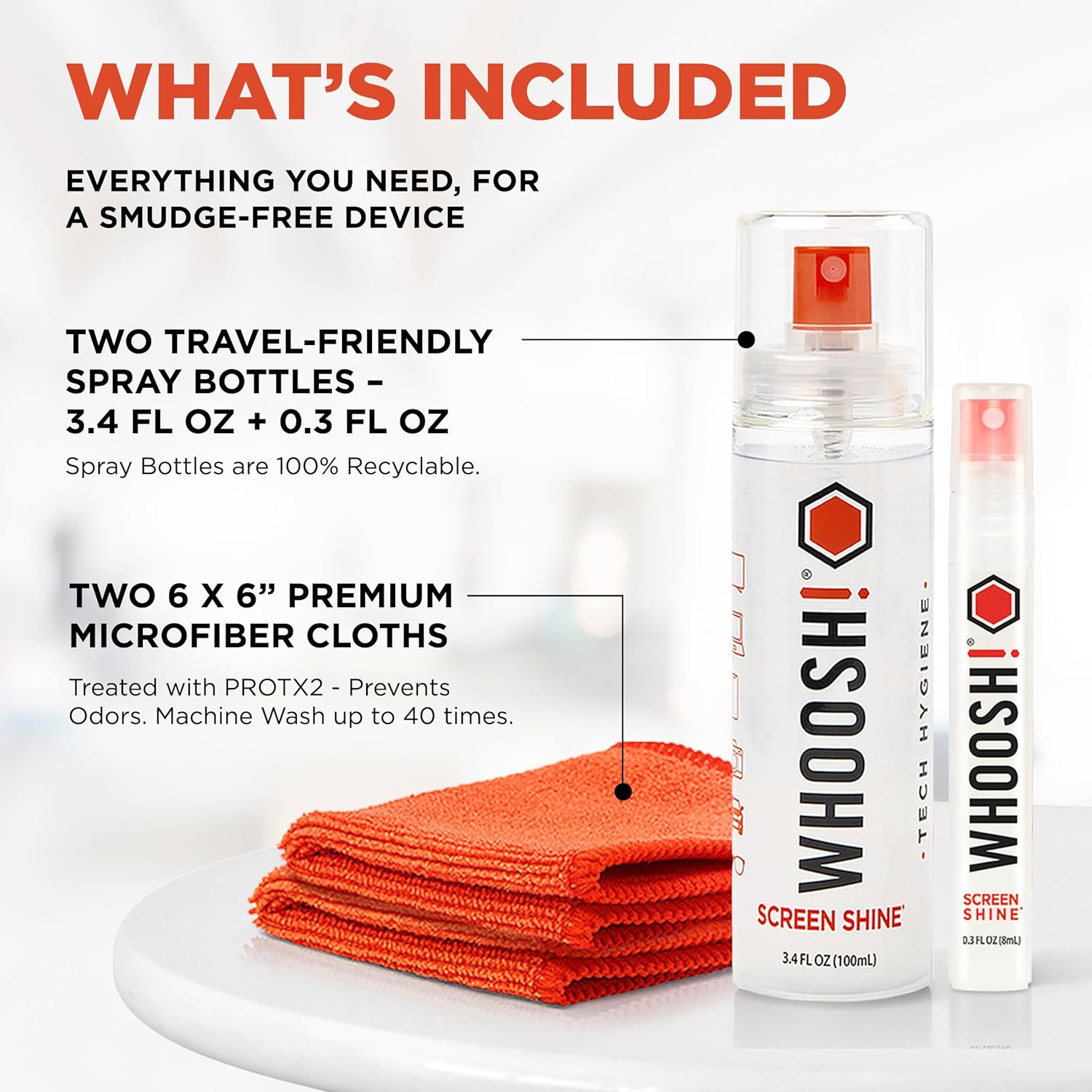 WHOOSH! Screen Shine Duo - Screen Cleaner Spray for iPad, Monitor, Laptop, MacBook - 3.4 oz & 0.3 oz Bottles with 2 Microfiber Cloths - Portable Electronic Cleaning Kit for Travel, Office, and Home