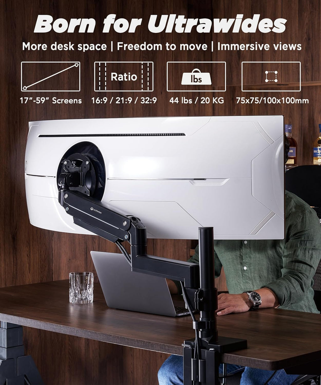 Heavy Duty Monitor Arm for Ultrawide Monitors up to 57" and 44 lbs, Single Desk Stand, Pneumatic Height Adjustable, Modular Extension Arms - Max VESA 100x100, Black, MA20P-S