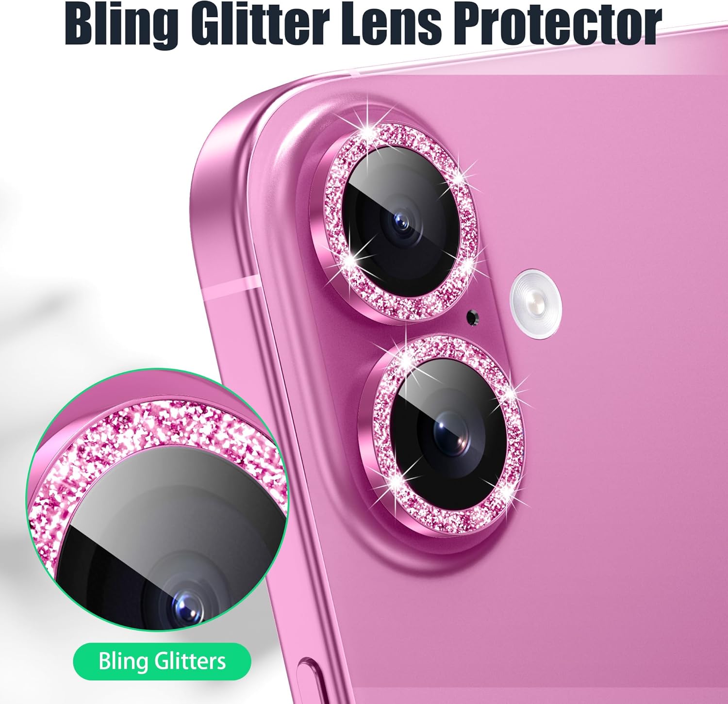 AGVEE 3+3 6 Pack for iPhone 16 6.1" / 16 Plus 6.7" Camera Lens Cover Protector, Bling Glitter & CD-Textured Metal Ring 9H Tempered HD Glass Camera Cover Protector Film, Glitter-Rose