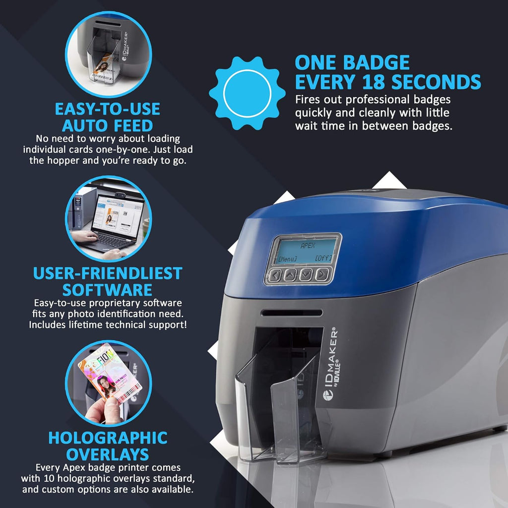 ID Maker Apex 2 Sided Card Printer Machine & Supply Kit for Badge Printing - Print Professional Quality Identification Badges - IDMaker Software, 300-Print Color Ribbon, 100 PVC Cards