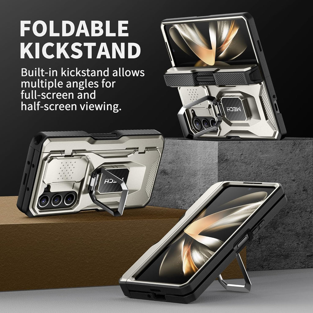 TONGATE for Z Fold 5 Case with Ring Stand, Built-in S Pen Holder & Glass Screen Protector Shockproof Rugged Z5 Phone Case with Slide Camera Cover & Belt Clip for Samsung Galaxy Z Fold 5 2023, Gray